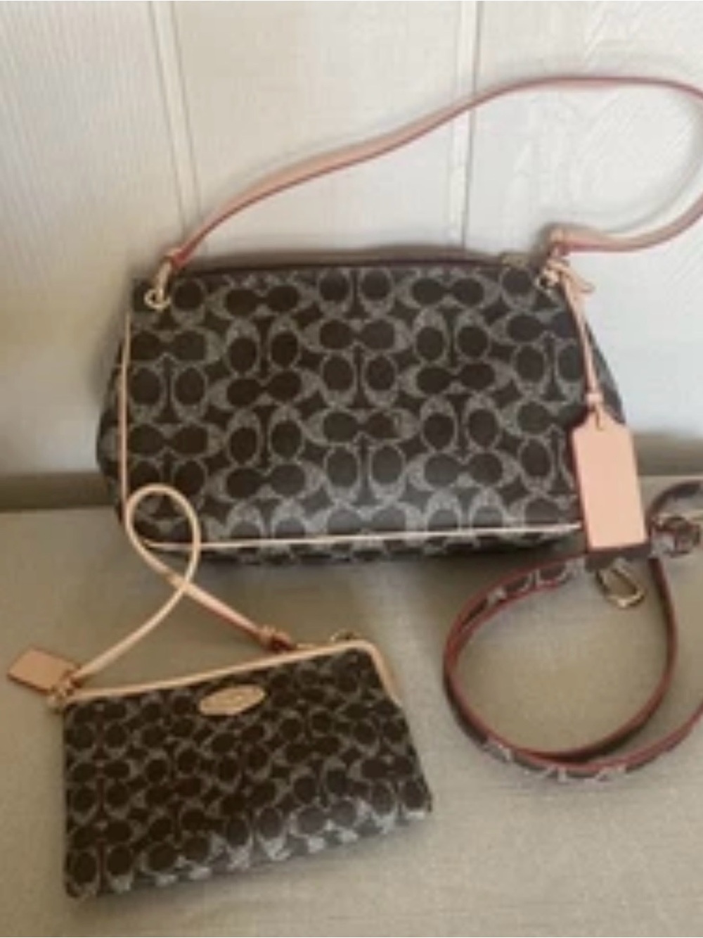 Coach Brown Signature Crossbody with Pink Trim and Wristlet